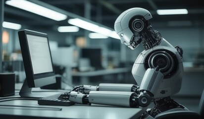 robots work in front of a laptop or computer. robots replace regular employees. Robot intelligence replaces human work. worker robots of the future. robot focus worked