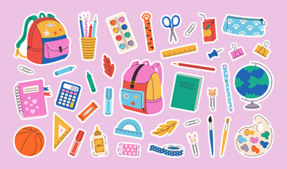 Set of school supplies and education stickers. Back to school. Backpack, book, globe, paints, ruler, pen, pencil, calculator, brushes, glue. Perfect for prints, cards, paper crafts, scrapbooking. © Anna Bova
