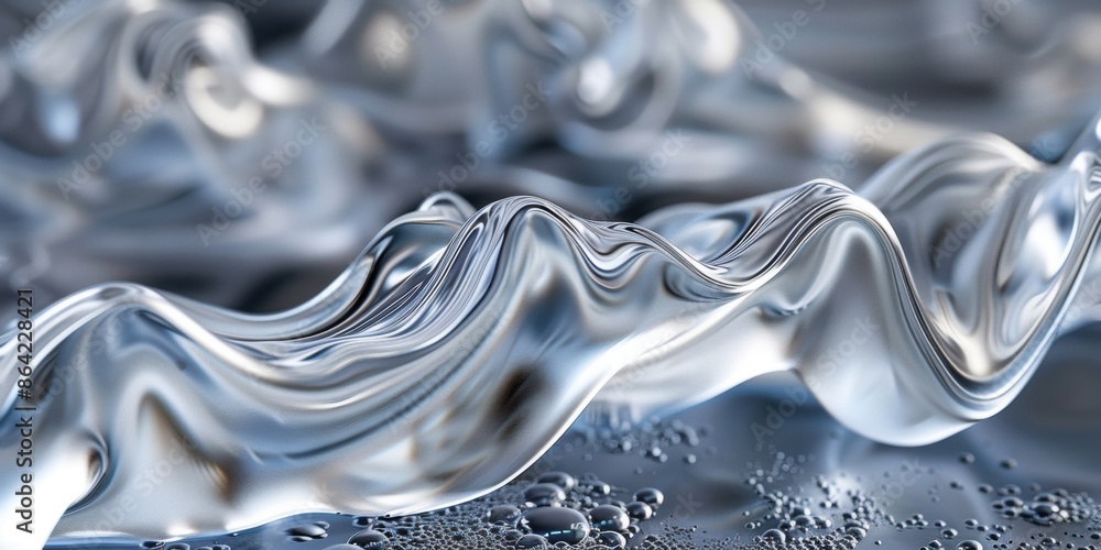 Poster abstract metallic waves with a smooth, reflective surface and fluid forms, creating a modern and dyn