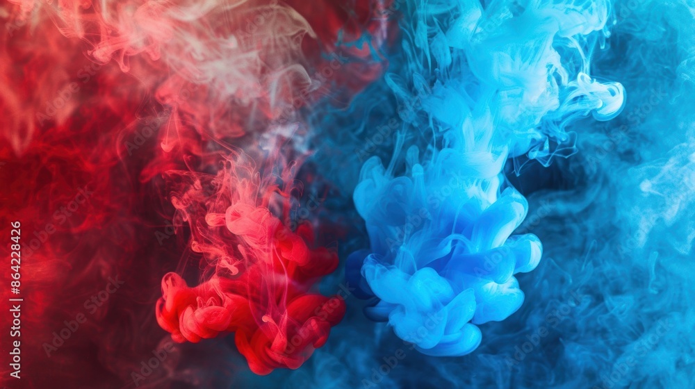Poster red and blue smoke plumes swirling dynamically against a dark background, creating a vibrant contras