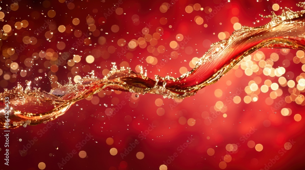 Poster golden liquid dynamically splashing against a rich red bokeh background, creating a festive and luxu