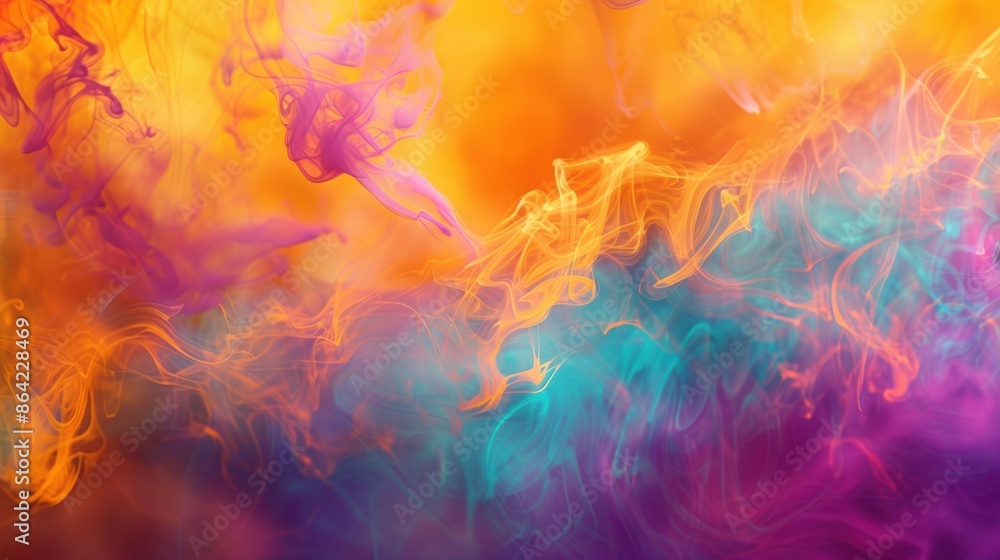 Poster vibrant abstract smoke in swirling fiery orange and cool blue hues, blending to create a mesmerizing