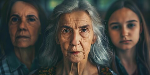 A Caucasian woman aging through different life stages in a family. Concept Family generations, Portrait photography, Aging gracefully, Caucasian woman, Life stages