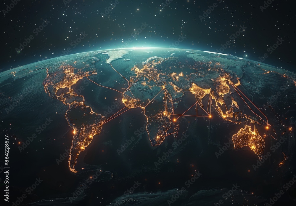 Poster nighttime view of earth with interconnected red lines showing global network
