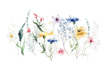 Watercolor painted floral border. Blue, yellow, red, violet wild flowers, green and pink branches,...