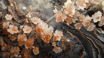 Intricate sakura designs muted tones gradient from ochre to slate background