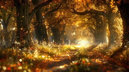 An enchanted autumn forest path bathed in warm, glowing light, with falling leaves and a mystical atmosphere.