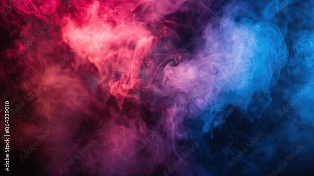 Poster abstract red and blue smoke clouds swirling together on a dark background, creating a vibrant and dy