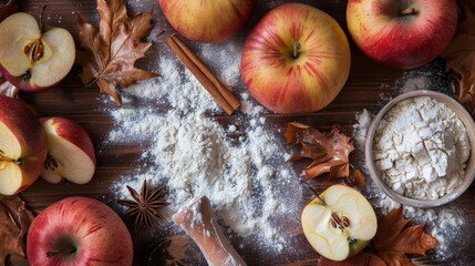 Rustic apple baking ingredients including apples, flour, and spices on a wooden table, creating a cozy autumnal scene.