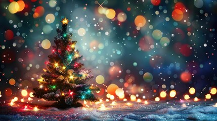 A small Christmas tree decorated with colorful twinkling lights, set against a backdrop of festive bokeh, creating a cheerful holiday atmosphere.