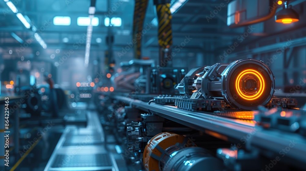 Poster industrial machine arms working and checking mechanic part at production line in factory by using in