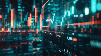 Obraz premium Dynamic Stock Chart with Neon Numbers on Computer Screen