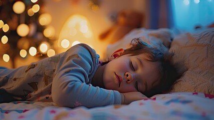 Happy children sleeps in a bed at home. sleep rest relax comfort. Mattress and bedding business banner	