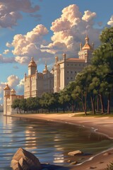 Naklejka premium Illustration of a castle by the sea, with trees and a sandy beach, watercolor or digital painting style, for website or presentation background