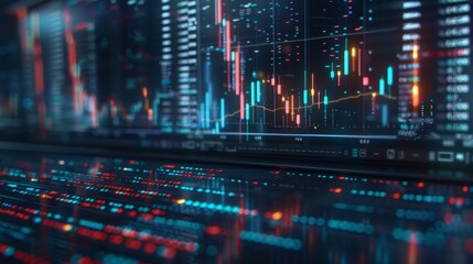 Dynamic Stock Chart with Neon Numbers on Computer Screen