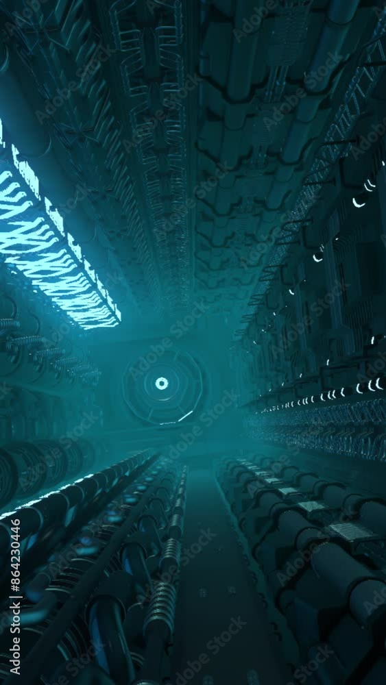 Poster corridor with pipes and lines in futuristic ship. motion. tunnel with neon lines and technological p