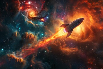 Rocket launching into a starshaped nebula, streaks of colorful cosmic dust trailing behind, deep space backdrop with swirling galaxies, celestial wonder and exploration