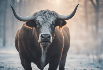 Portrait of a highland cattle in the frost of a winter morning. smoke coming out of its nose, copy space for text.
