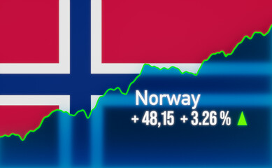 Norway stock market up. Rising chart with Norwegian flag. Bull market, growth, stock market rally, positive trend, strong business, investment, trading, success.