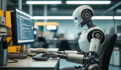 arobots work in front of a laptop or computer. robots replace regular employees. Robot intelligence replaces human work. worker robots of the future. rm in front of a computer