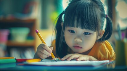 Child Learning To Write. Basics of Writing with Pencil and Crayons in Preschool Classroom
