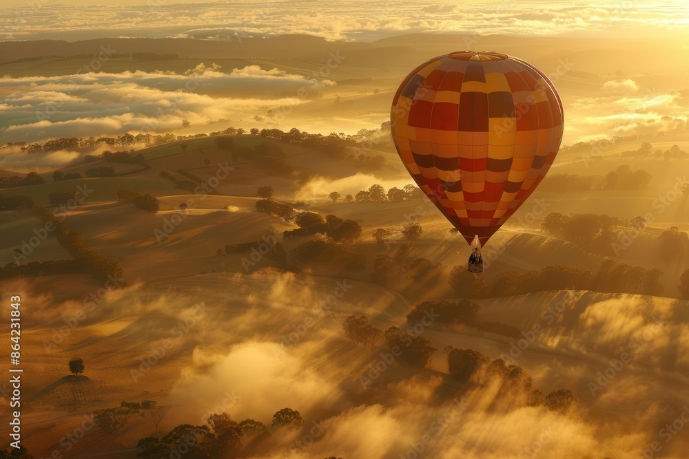 Wall mural majestic hot air balloon vibrant patchwork design golden sunrise light misty rolling hills long shadows dreamy pastoral landscape sense of adventure