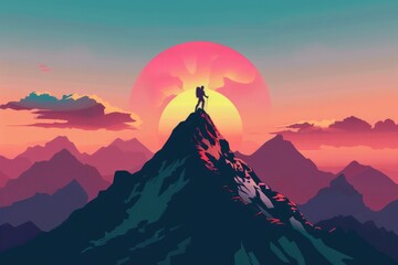 Mountain Top Illustration. Alpinist Celebrating Success at Sunset on Mountain Summit