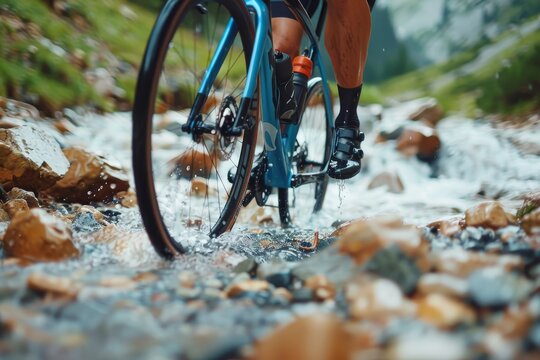 Cyclist Refilling Water from Mountain Stream on Endurance Journey