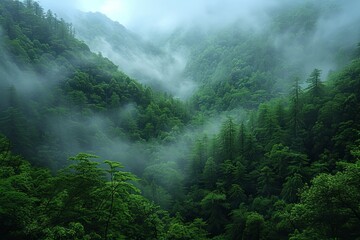 Mystical Mist-Enveloped Forest with Towering Trees and Verdant Foliage, Crafting an Ethereal Ambiance