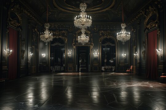 Haunted Gothic Castle Ballroom with Aristocratic Ghosts and Chandeliers