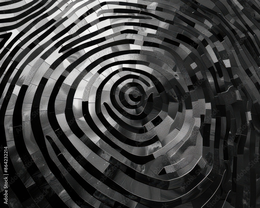 Poster monochromatic fingerprint pattern forming intricate geometric shapes, blending organic and digital a