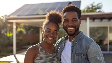 Happy couple smiling in front of a modern home with solar panels, representing sustainable living and homeownership joy.