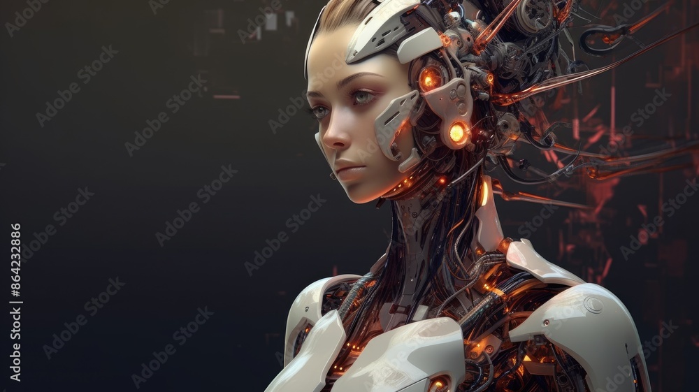 Poster closeup image of futuristic beautiful female robot creating, future technology of humanoid assistanc