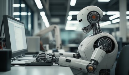 Naklejka premium robots work in front of a laptop or computer. robots replace regular employees. Robot intelligence replaces human work. worker robots of the future. robot with laptop computer