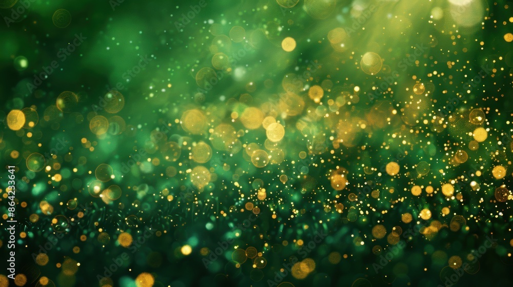 Poster abstract background with green and gold sparkling bokeh lights, creating a festive and vibrant visua