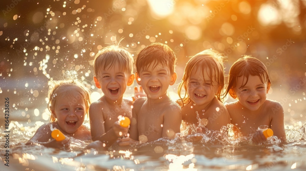 Poster group of happy children splashing and playing in a pool, enjoying a fun summer day with lots of laug