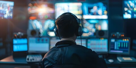 Man in TV control room overseeing broadcast production process. Concept Television Production, Control Room, Broadcast Technology, Media Monitoring, Live TV Production