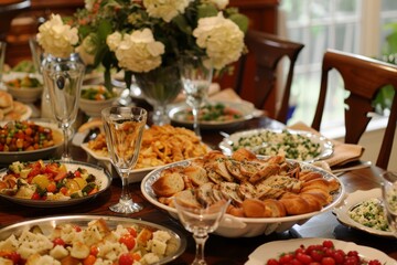 Beautifully Decorated Table with Comfort Foods Ready for a Family Meal - Ideal for Holiday Gatherings