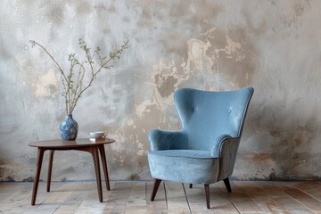 Delight in the minimalist beauty of a modern living room featuring a blue wingback chair and side table adorned with a vase and branch, against a Venetian stucco wall.