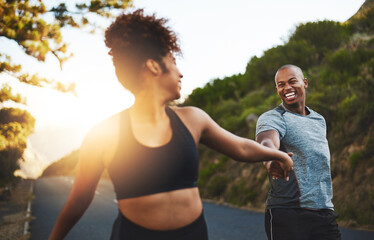 Happy man, woman and holding hands on mountain for fitness, running and cardio for wellness....