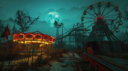 Naklejka premium carnival ride at night with a ferris and a full moon