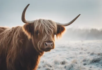 Keuken achterwand Schotse hooglander Portrait of a highland cattle in the frost of a winter morning. smoke coming out of its nose, copy space for text.  © abu