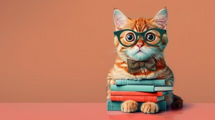 Fototapeta premium cat wearing glasses sitting on top of a pile of books