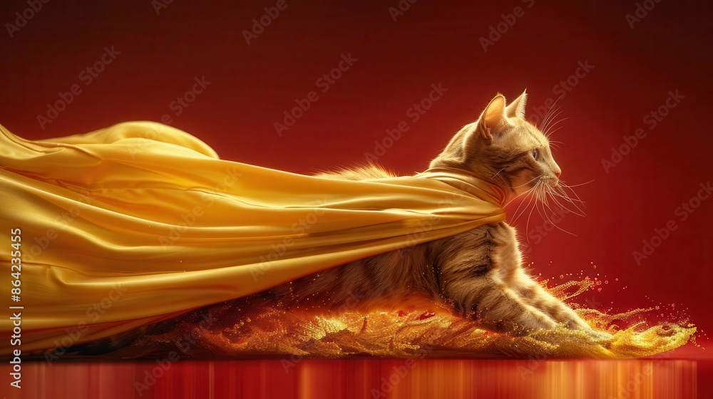 Wall mural cat with a yellow cape sitting on a red surface