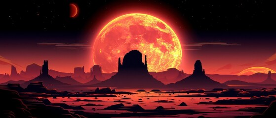 A vibrant sunset paints the sky in shades of orange and pink over distant mountains and rolling clouds.