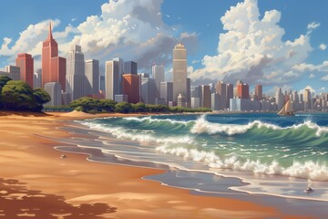 Naklejka premium Digital Painting of a Coastal Cityscape