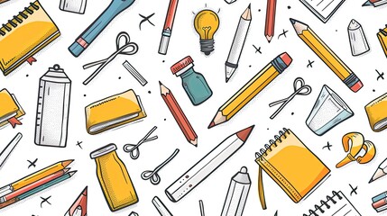 Obraz premium School supplies pattern background. Education accessories pencil and notebook black line doodle cartoon on white background. Back to school banner
