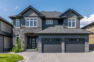 A home s exterior showcasing gray double garage doors and a stone wall with plenty of copy space for images