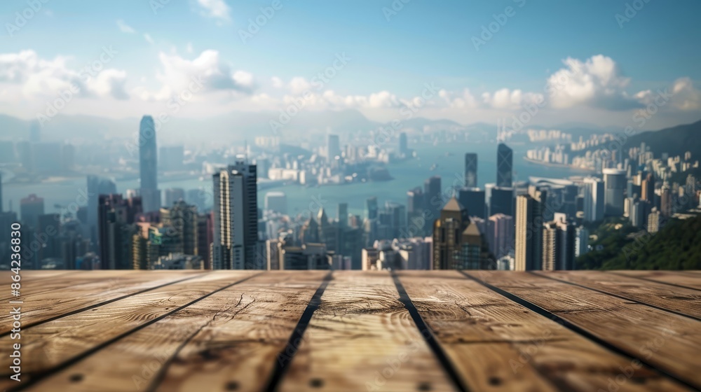 Canvas Prints Breathtaking panoramic view of a bustling modern cityscape with towering skyscrapers and highrise buildings,seen from the vantage point of a wooden table top in the foreground.