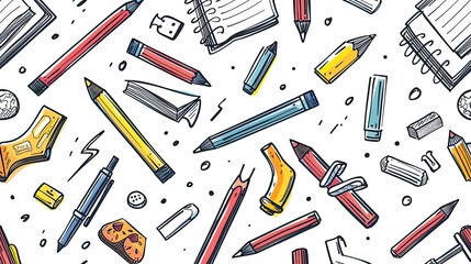 Obraz premium School supplies pattern background. Education accessories pencil and notebook black line doodle cartoon on white background. Back to school banner